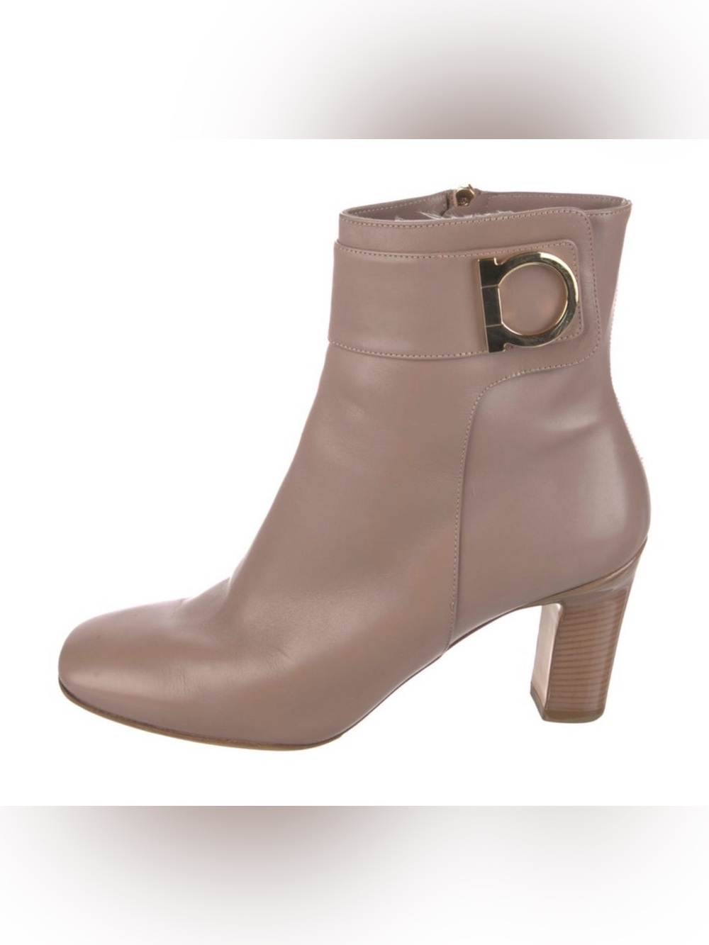 Salvatore Ferragamo Taupe Leather Ankle Boot with Gold Buckle